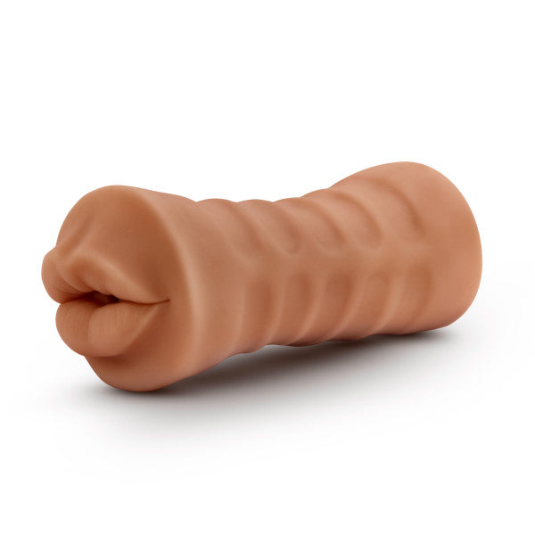 M for Men - Isabella - Mouth Style Vibrating Stroker - Mocha | 819835023975 | Discreet Personal Wellness