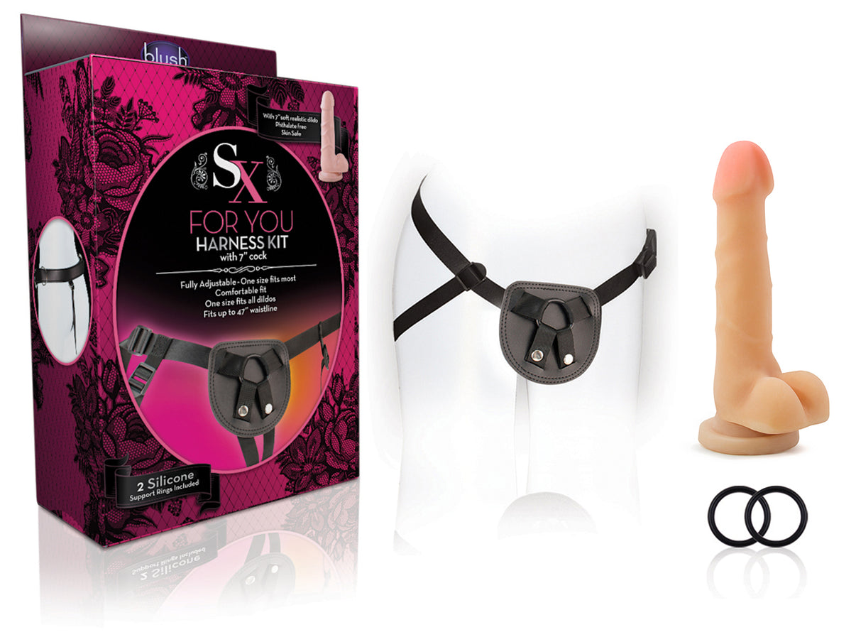 For You Harness Kit With 7 Inch Penis (Beige) Black Harness | 735380802158 | Discreet Personal Wellness
