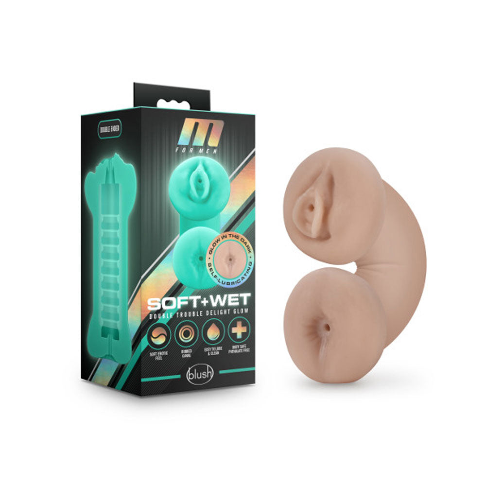 M for Men - Soft and Wet - Double Trouble Glow in the Dark Vagina & Ass Stroker - Vanilla | 819835026532 | Discreet Personal Wellness