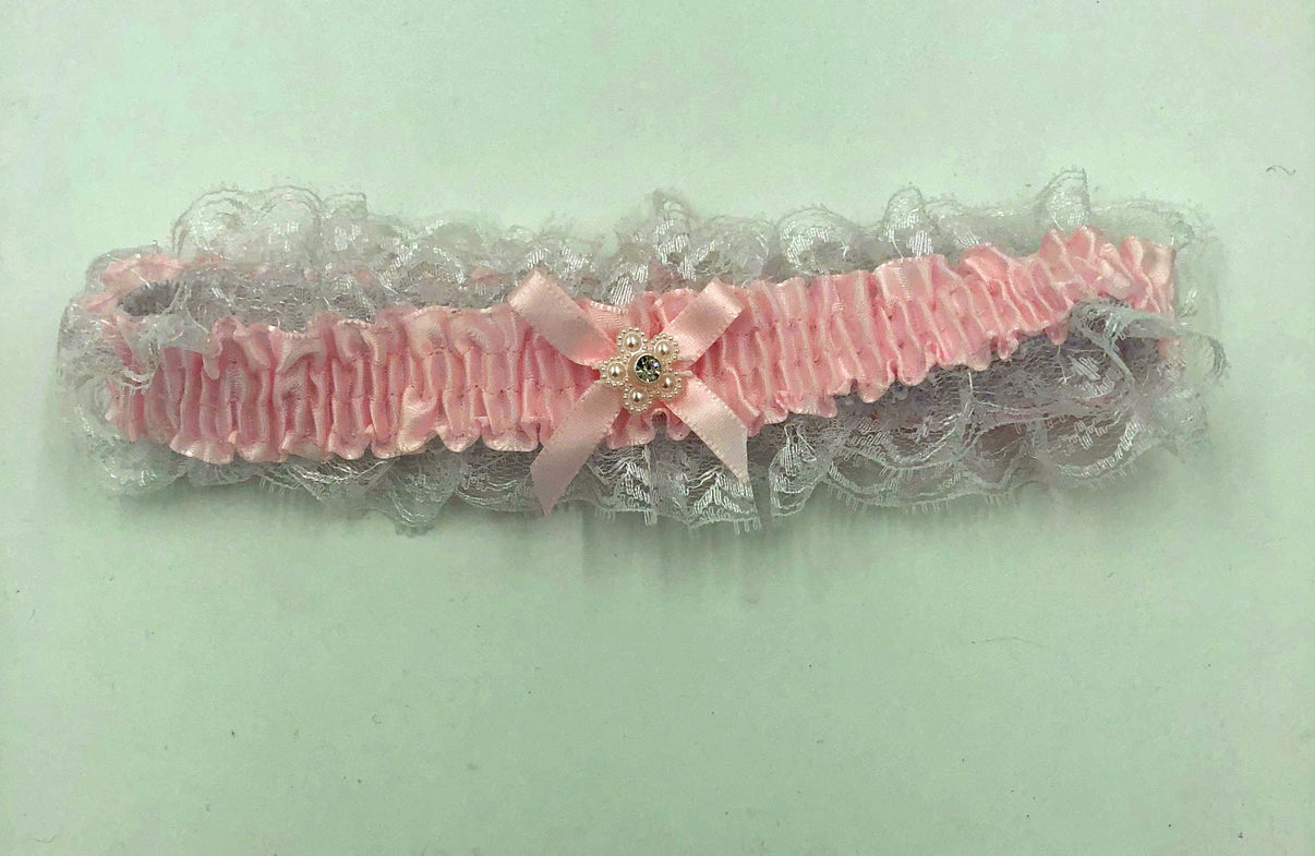 Satin Leg Garter - One Size - Baby Pink With White Lace | | Discreet Personal Wellness