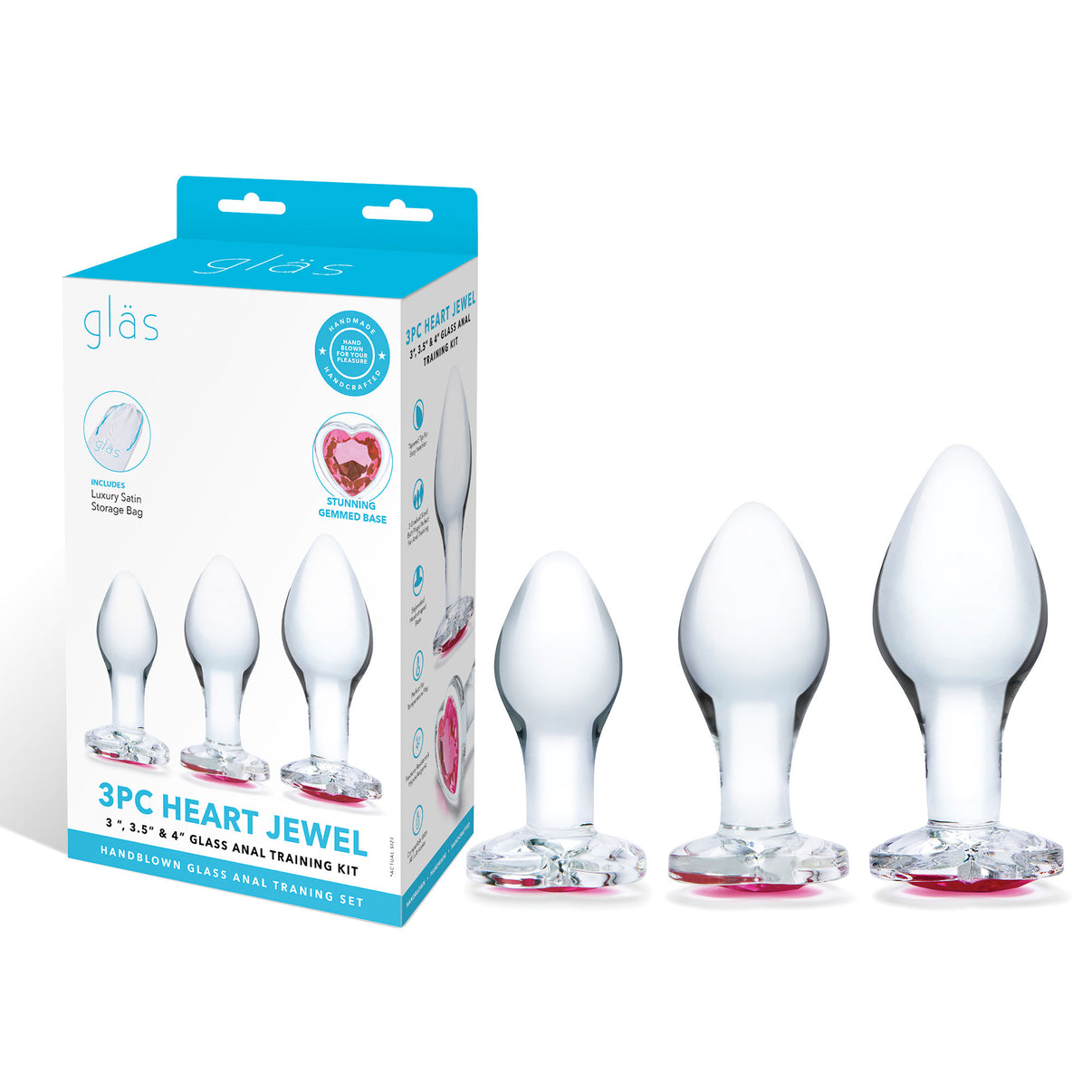 3 Pc Heart Jewel Glass Anal Training Kit - Clear/pink | 4890808265062 | Discreet Personal Wellness