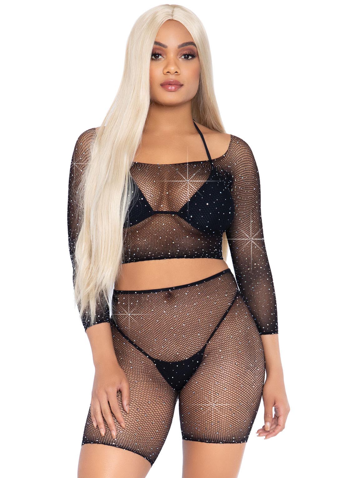 2 Pc Rhinestone Fishnet Crop Top and Biker Shorts - Black - One Size | 714718548807 | Discreet Personal Wellness