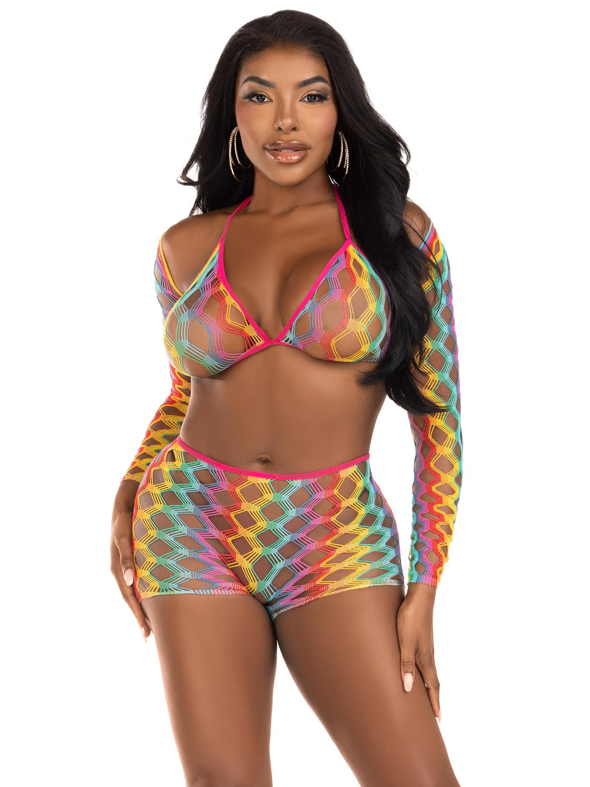 3 Pc Net Bra Top With Shrug and Boy Shorts - One Size - Multicolor | 714718570792 | Discreet Personal Wellness