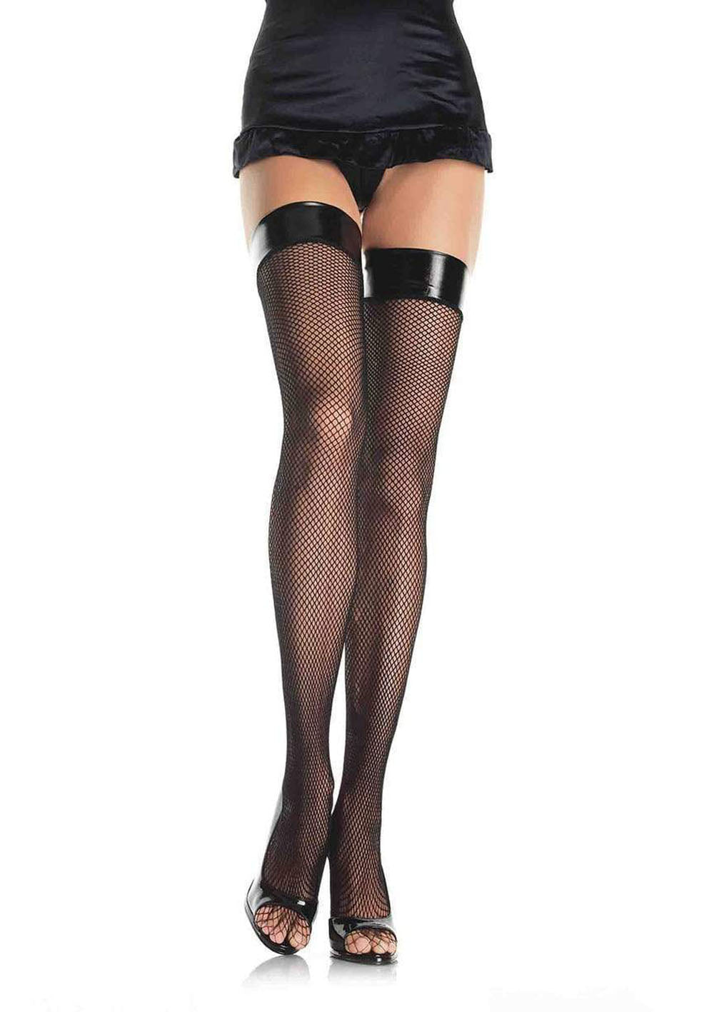 Vinyl Top Fishnet Thigh Highs - One Size - Black | 714718010915 | Discreet Personal Wellness
