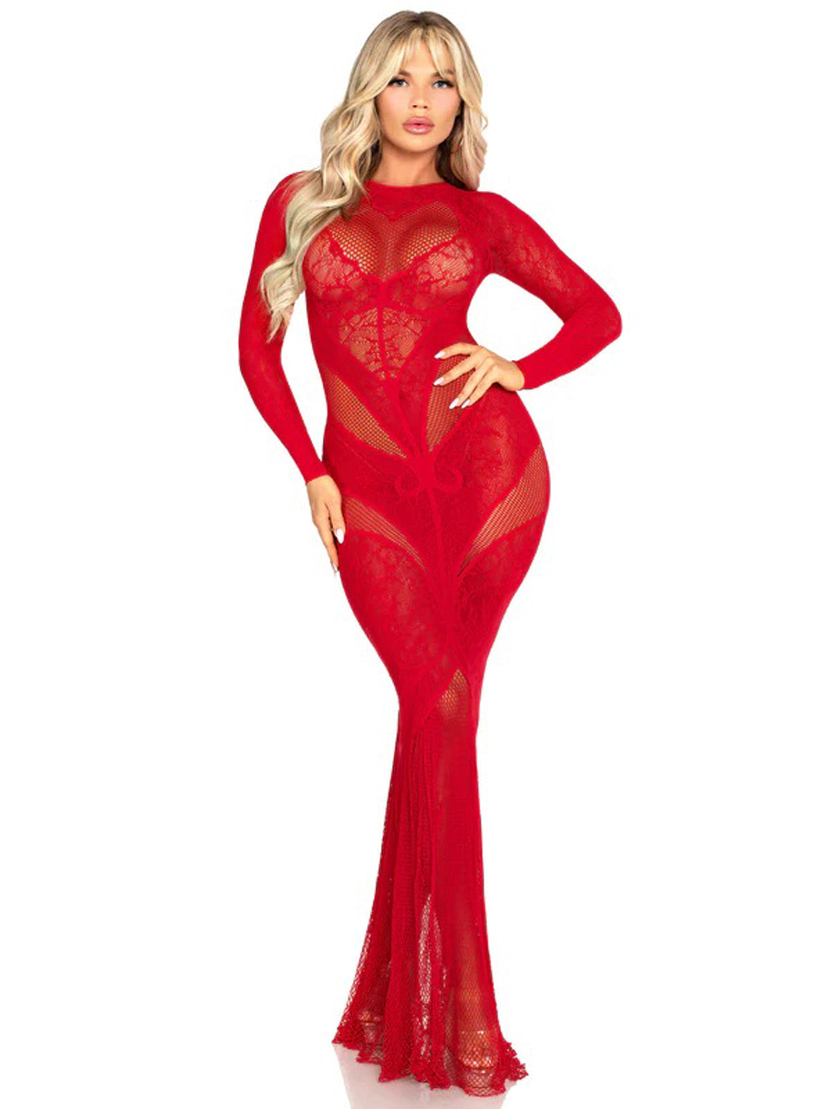 Red Lace and Net Body Con Gown - With Heart Keyhole Detail - Os | 714718573885 | Discreet Personal Wellness