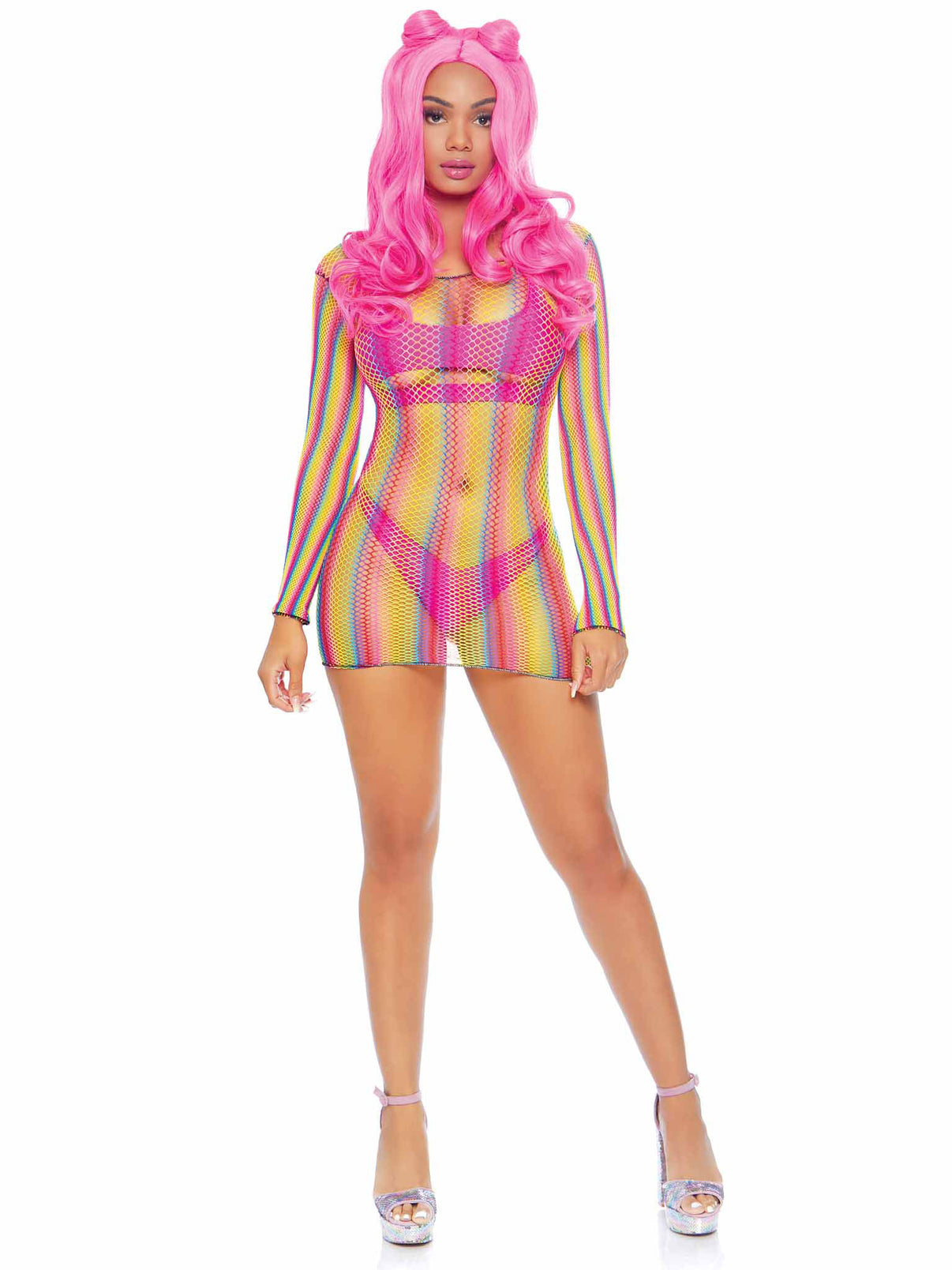 Rainbow Fishnet Long Sleeved Mini Dress - One Size - Rainbow | 714718542379 | Discreet Personal Wellness