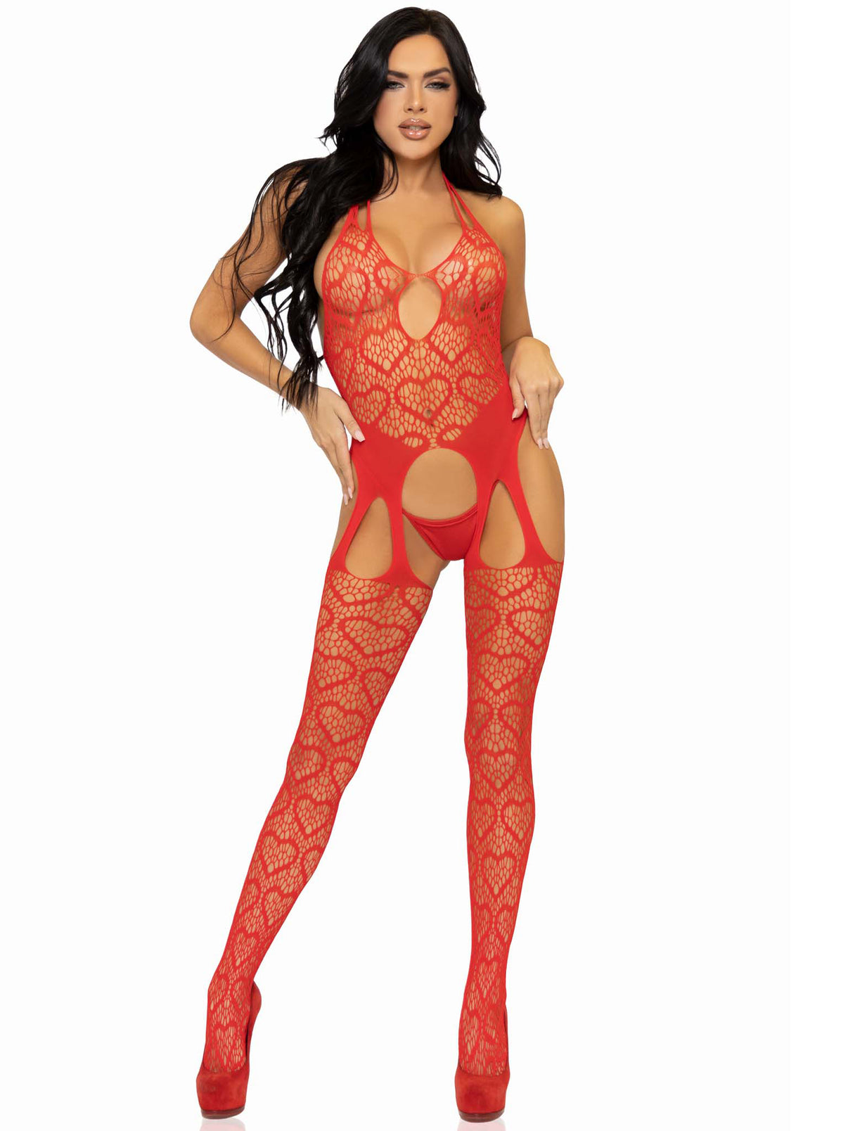 Seamless Heart Net Suspender Bodystocking - One Size - Red | 714718565347 | Discreet Personal Wellness
