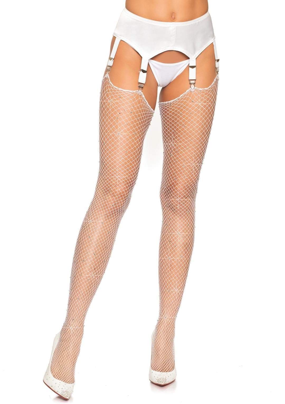 Rhinestone Fishnet Stockings - One Size - White | 714718548326 | Discreet Personal Wellness