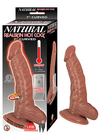 Natural Realskin Hot Penis Curved 7 Inch Warming Penis - Brown | 782631289121 | Discreet Personal Wellness