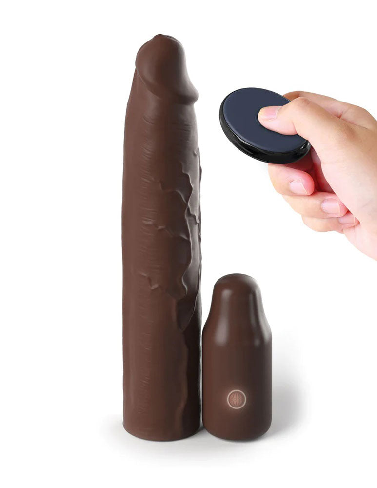 Fantasy X-Tensions Elite 9 Inch Sleeve Vibrating 3 Inch Plug With Remote - Brown | 603912773613 | Discreet Personal Wellness