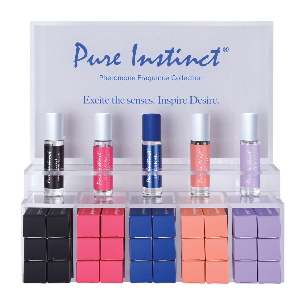 Pure Instinct Pheromone Perfume Oil Roll on 10.2 ml Acrylic Display With Testers and Product 36 Pieces | 638258906067 | Discreet Personal Wellness