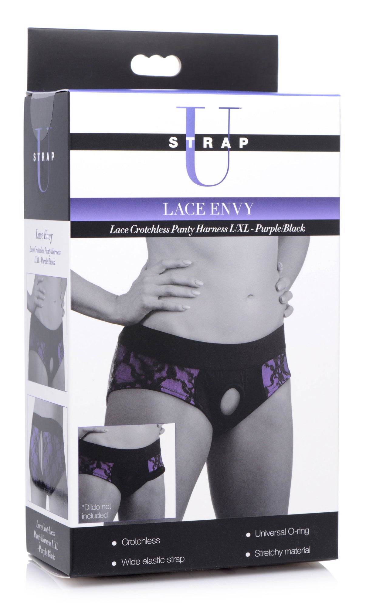 Lace Envy Crotchless Panty Harness - S/ M Black and Purple | 848518037497 | Discreet Personal Wellness