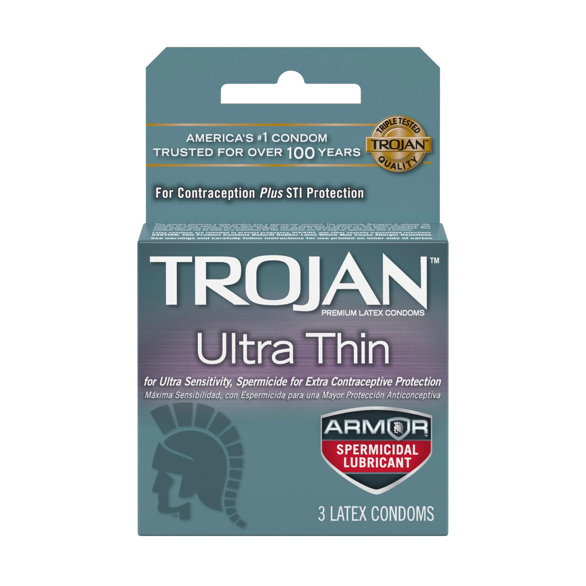 Trojan Ultra Thin Armor Spermicidal Condoms - 3 Pack | 022600927204 | Discreet Personal Wellness