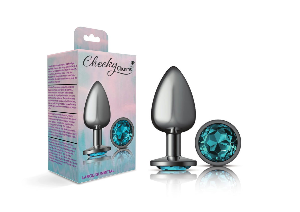 Cheeky Charms-Gunmetal Metal Butt Plug- Round-Teal-Large | 850018691222 | Discreet Personal Wellness
