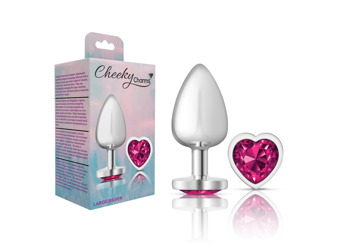 Cheeky Charms-Silver Metal Butt Plug- Heart-Bright Pink-Large | 850018691314 | Discreet Personal Wellness
