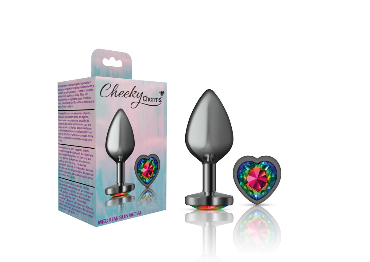 Cheeky Charms-Gunmetal Metal Buttplug- Heart-Rainbow-Medium | 850018691338 | Discreet Personal Wellness