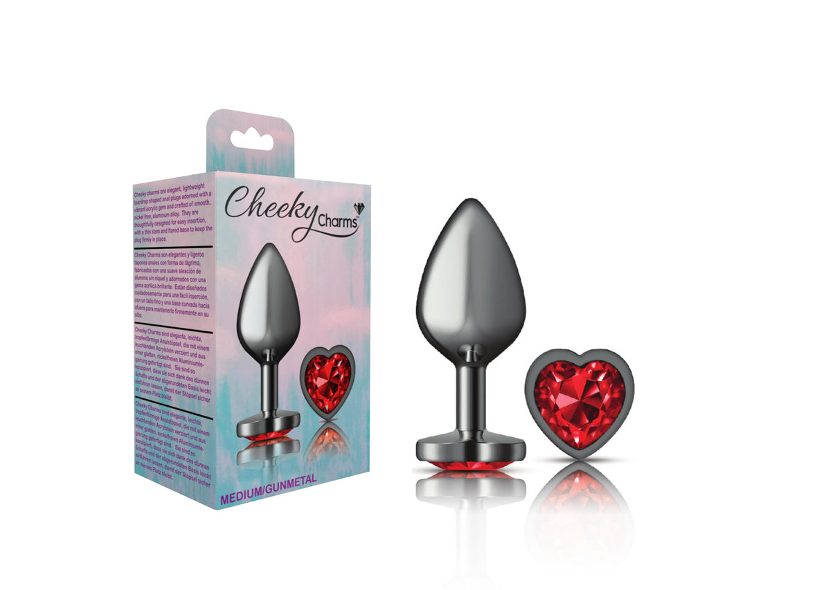 Cheeky Charms-Gunmetal Metal Butt Plug- Heart-Dark Red-Medium | 850018691369 | Discreet Personal Wellness