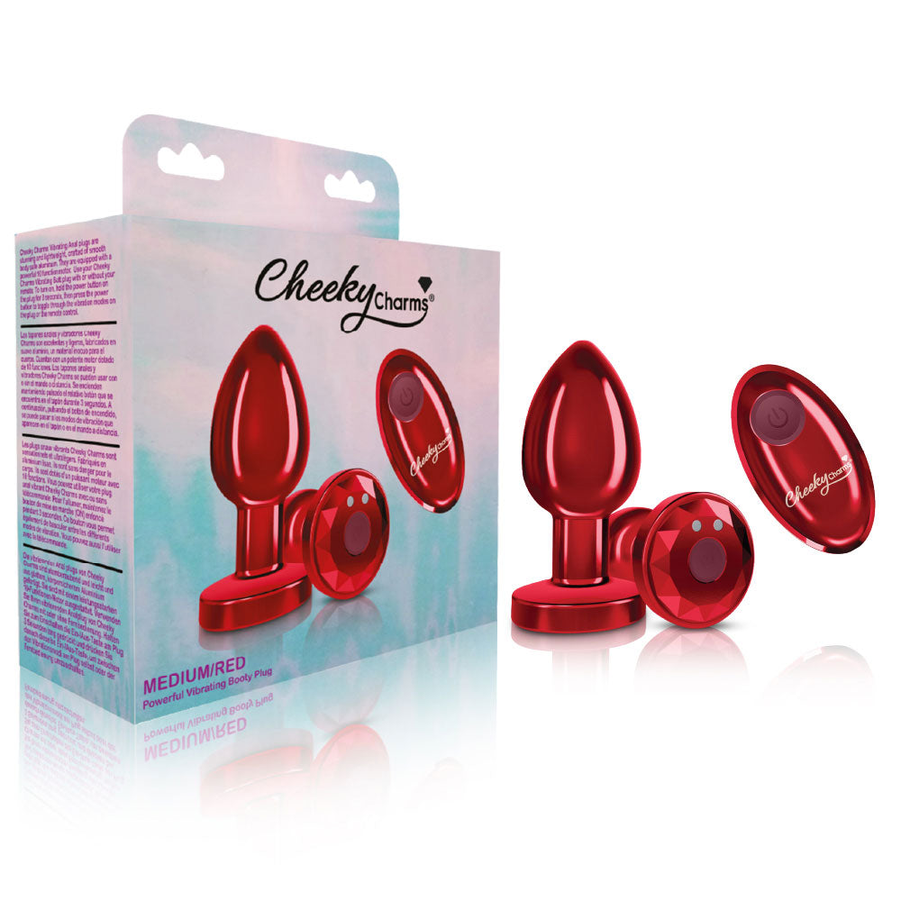Cheeky Charms - Rechargeable Vibrating Metal Butt Plug With Remote Control - Red - Medium | 850018691437 | Discreet Personal Wellness