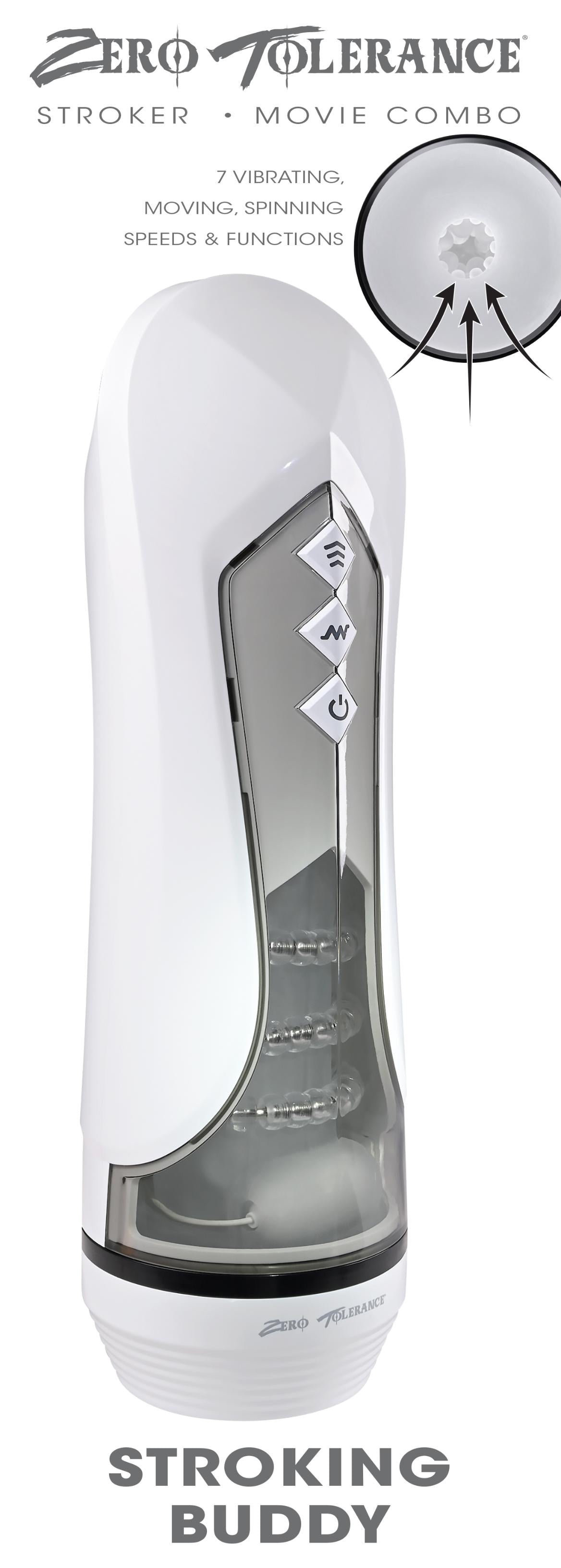 Stroking Buddy Thrusting Vibrating And Spinning Stroker - White | 844477022833 | Discreet Personal Wellness